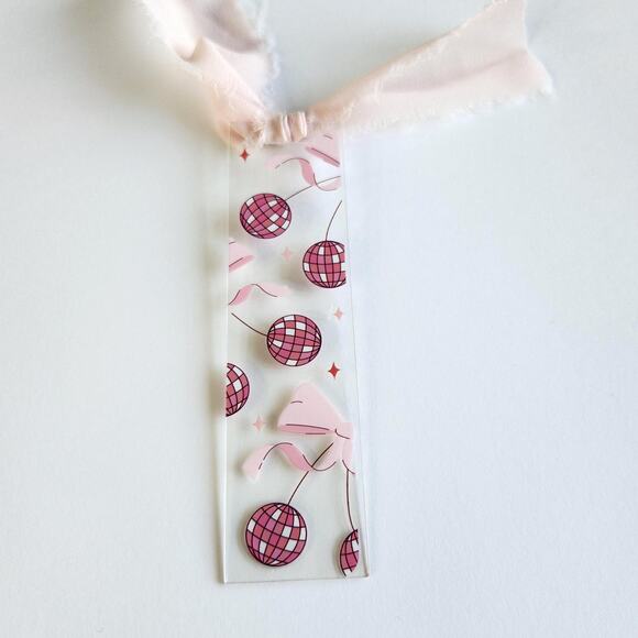 Disco Ball Cherry Print Bookmark Acrylic Pink Cute Coquette Bookish Gift For Her - Picture 7 of 14